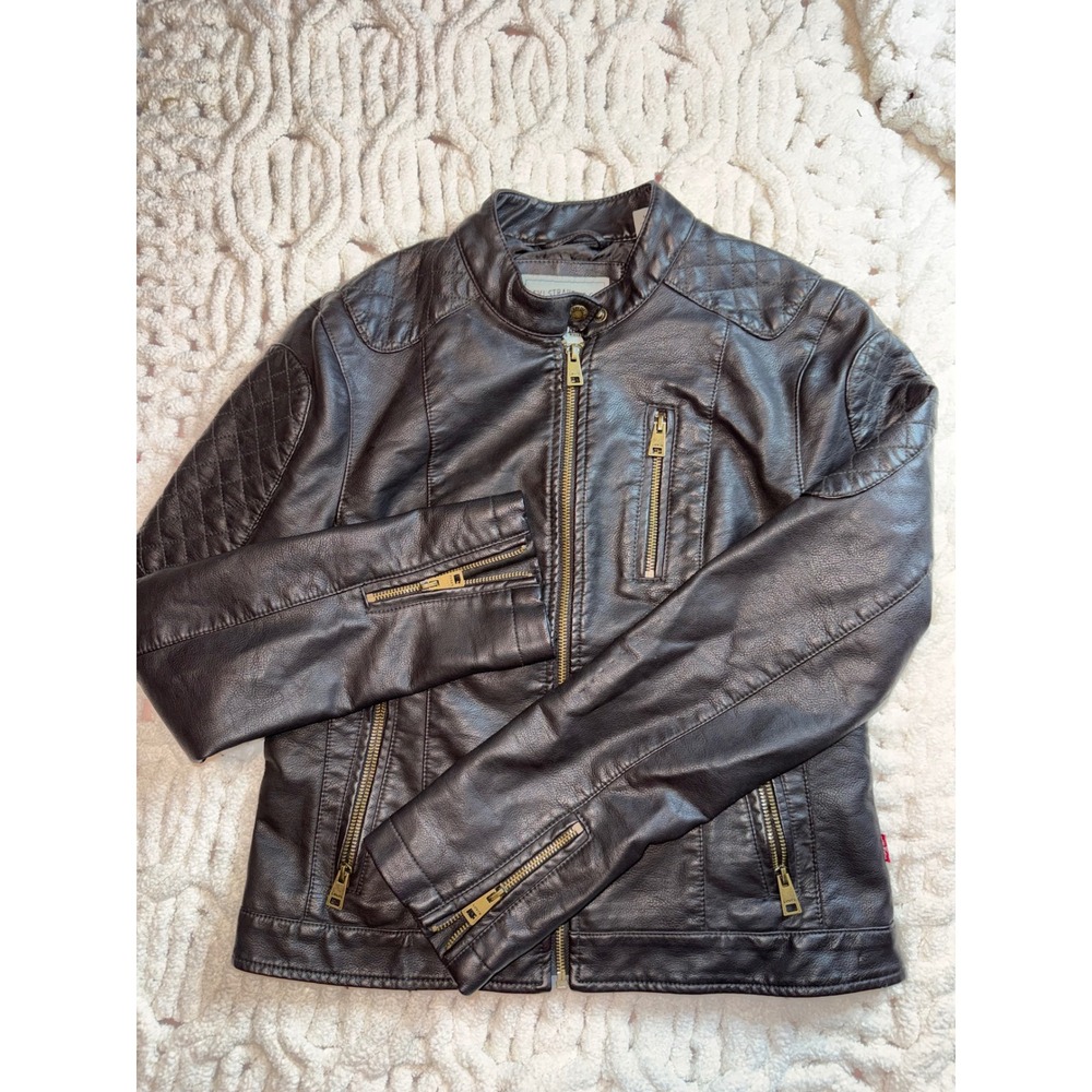 Levis Womens Faux Leather Moto Biker Jacket Brown Quilted Shoulder Size M